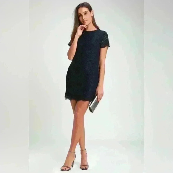 Lulus Take Me To Brunch Navy Blue Lace Mini Shift Dress Womens Size Large - Picture 1 of 7